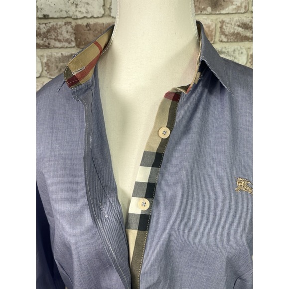 Burberry Blue Button Down Shirt with Check Accents - Picture 4 of 13